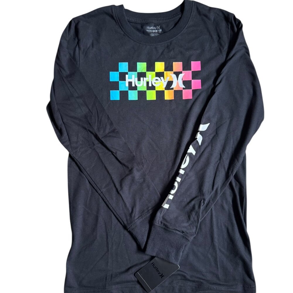 Hurley Black Neon Checkerboard Long Sleeve Tee - NWT - Boys Large